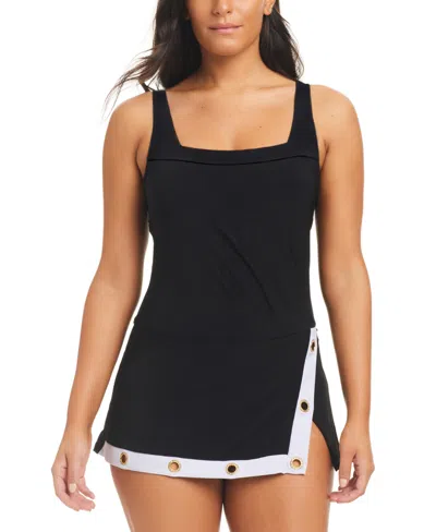 Beyond Control Women's Coastal Color-block Square-neck Swim Dress In Black