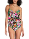 Beyond Control Women's Tropical Ruffle Overlay One-piece Swimsuit In Black Multi