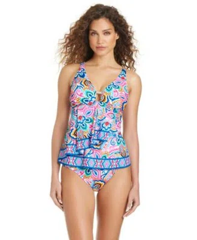 Beyond Control Womens Artistic Paisley Front Cascade Adjustable Straps Tankini Top High Waist Swim Bottom In Blue
