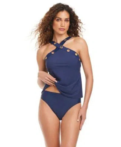 Beyond Control Womens Solid Essentials High Neck Tankini High Waisted Swim Bottoms In Blue
