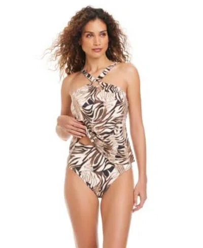 Beyond Control Womens Wild Thing High Neck Tankini High Waisted Swim Bottoms In Brown