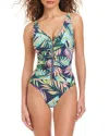 Beyond Control Zipper Front V Neck One Piece Swimsuit In Multi
