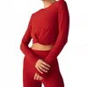 Beyond Yoga Featherweight Center Stage Cropped Long Sleeve Pullover In Ruby Red Heather In Red
