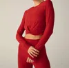 Beyond Yoga Featherweight Center Stage Cropped Long Sleeve Pullover In Ruby Red Heather In Red