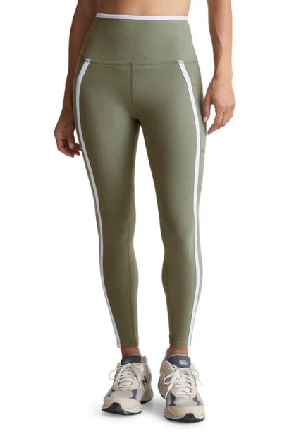 Beyond Yoga Out Of Pocket Side Stripe High Waist Pocket Leggings In Grey Sage/cloud White