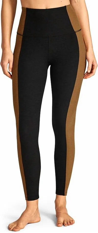 Beyond Yoga Pacedye Vitality Color-block High Waisted Midi Leggings In Darkest Night Carmel Toffee In Black