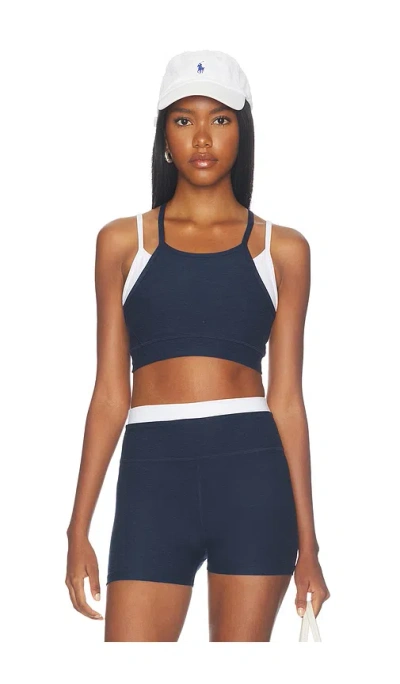 Beyond Yoga Space Dye Layered Long Line Bra In Nocturnal Navy & Cloud White