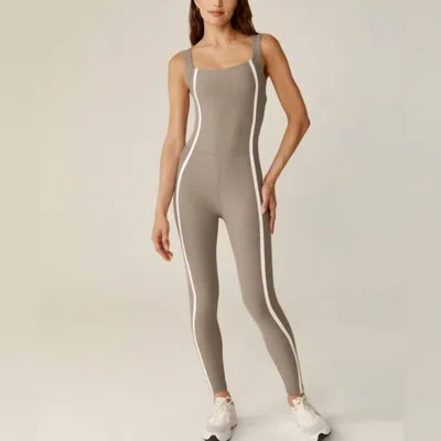 Beyond Yoga Space Dye New Moves Midi Jumpsuit In Birch/cloud Wheat In Gray