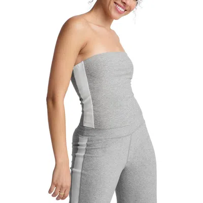 Beyond Yoga Space Dye Strapless Stripe Crop Top In Gray