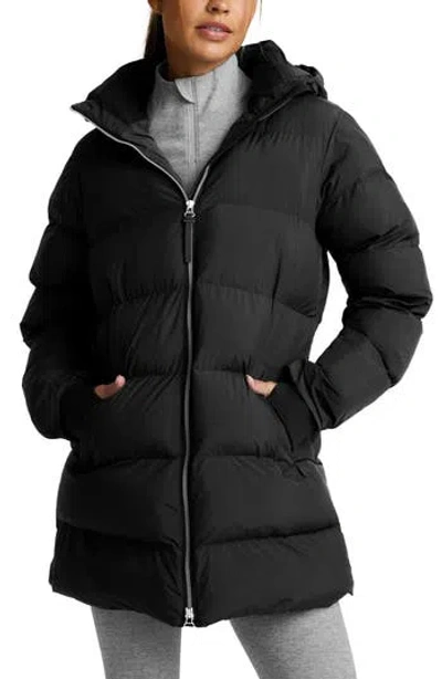 Beyond Yoga Warm Up Hooded Long Puffer Coat In Black