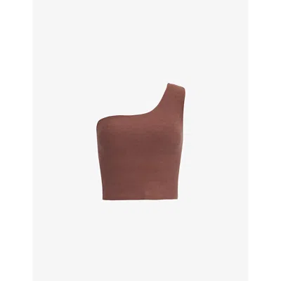 Beyond Yoga Womens Bold Mocha Heather The Bold Shoulder Spacedye Moisture-wicking Cropped Stretch-jersey Top