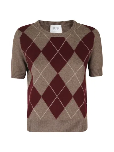 Beyou Argyle Short-sleeve Knitted Top In Multi