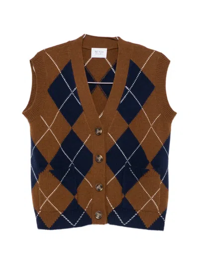 Beyou Argyle-knit Button-up Gilet In Brown