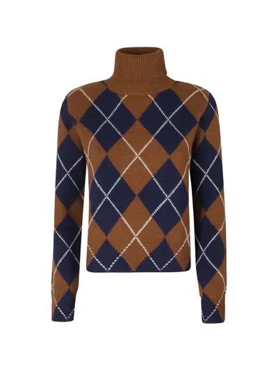 Beyou Be Rare Argyle-knit Roll-neck Sweater In Brown
