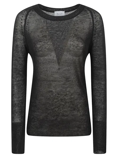 Beyou Sheer Black Knit Top With Round Neckline