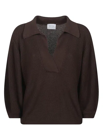 Beyou Textured Knit Top With Deep V-neck In Black