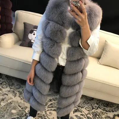 Pre-owned Bf 90cm Women Real Natural Vulpes Fox Fur Vest Warm Thick Waistcoat Long Gilet In Light Grey