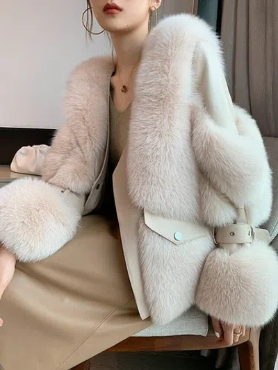 Pre-owned Bf Winter Women Real Fox Fur Coat Genuine Sheepskin Leather Jacket Outwear Overcoat In Rice Beige