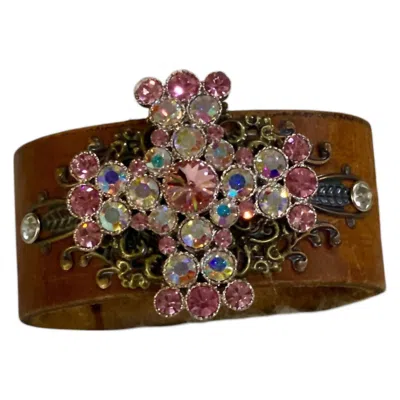 Bff Creations Women's Rhinestone Cross Leather Cuff In Light Brown
