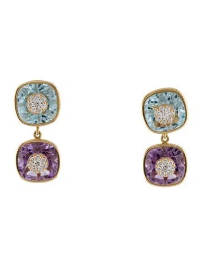 Pre-owned Bhansali 18k Amethyst, Topaz & Diamond One Collection Double Cushion Drop Earrings In Multi