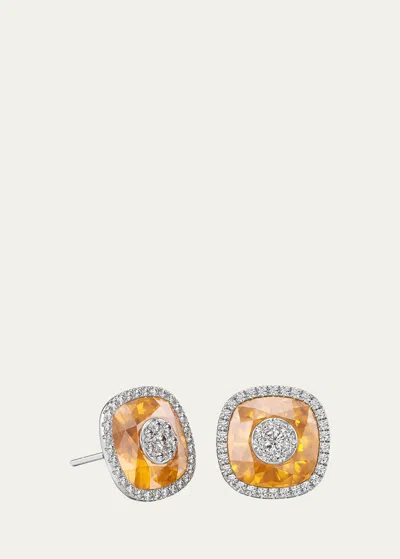 Bhansali 18k White Gold One Collection Cushion Halo Citrine And Diamond Earrings In Citrine Yg