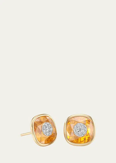 Bhansali 18k Yellow Gold One Collection Cushion Bezel Citrine And Diamond Earrings