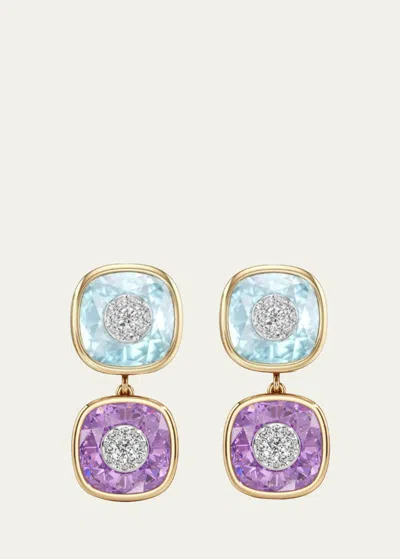 Bhansali 18k Yellow Gold One Collection Double Cushion Bezel Amethyst And Diamond Earrings In Purple