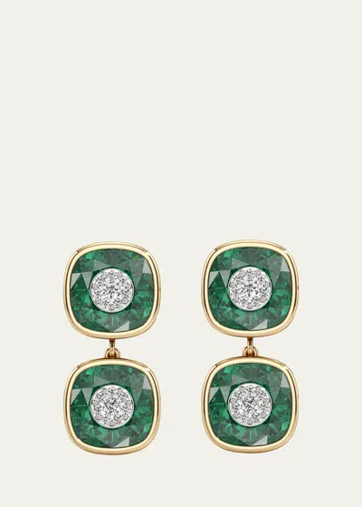 Bhansali 18k Yellow Gold One Collection Double Cushion Bezel Emerald And Diamond Earrings In Emerald Yg