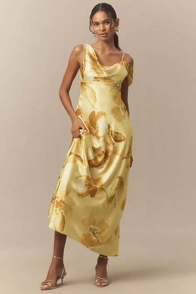 Bhldn Abigail Asymmetric Draped Off-the-shoulder A-line Maxi Dress In Gold