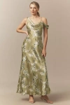 Bhldn Abigail Asymmetric Draped Off-the-shoulder A-line Maxi Dress In Green