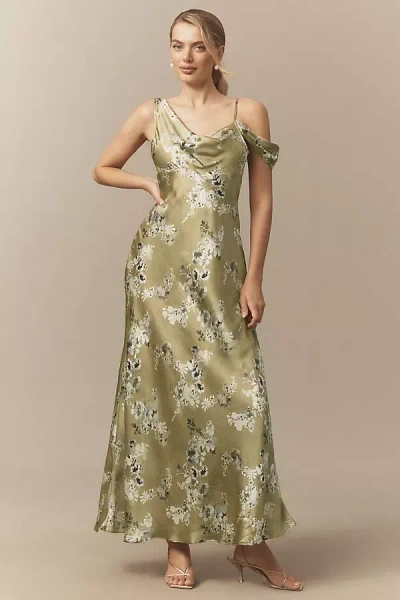 Bhldn Abigail Asymmetric Draped Off-the-shoulder A-line Maxi Dress In Green