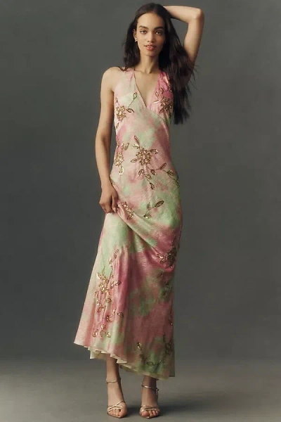Bhldn Abstract Satin Slip Maxi Dress In Green