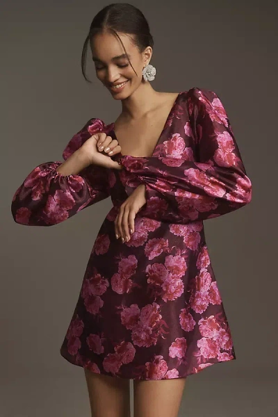Bhldn Aliana Long-sleeve V-neck Floral Organza Mini Dress In Multicolor
