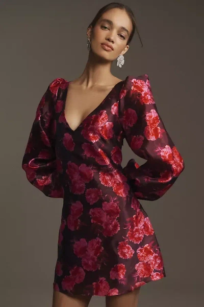 Bhldn Aliana Long-sleeve V-neck Floral Organza Mini Dress In Multicolor