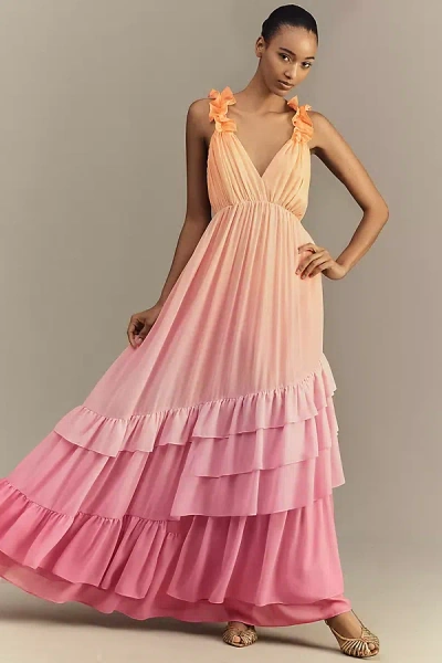 Bhldn Alivia V-neck Ruffle Ombre Maxi Dress In Orange