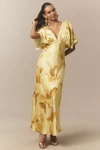Bhldn Amelia Deep-v Flutter-sleeve Satin A-line Gown In Gold