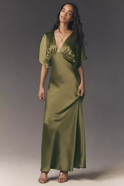 Bhldn Amelia Deep-v Flutter-sleeve Satin A-line Gown In Green