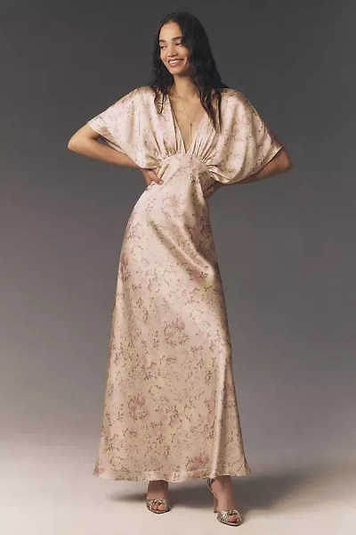 Bhldn Amelia Deep-v Flutter-sleeve Satin A-line Gown In Neutral