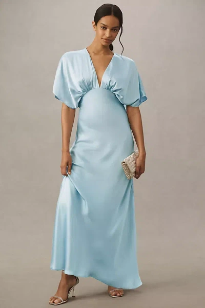 Bhldn Amelia Deep-v Satin Maxi Dress In Blue