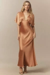Bhldn Amelia Deep-v Satin Maxi Dress In Brown