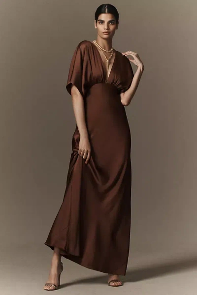 Bhldn Amelia Deep-v Satin Maxi Dress In Brown