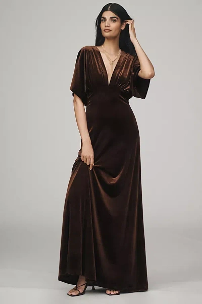Bhldn Amelia Deep-v Stretch Velvet Maxi Dress In Brown