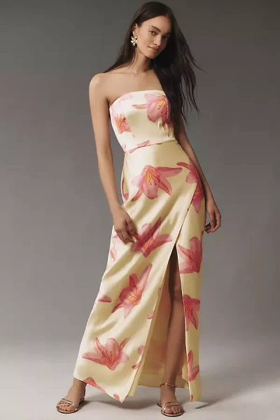 Bhldn Avianna Strapless Side-slit Stretch Satin A-line Maxi Dress In Yellow