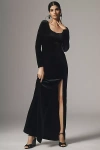 Bhldn Bella Long-sleeve Scoop-neck Side-slit Stretch Velvet Maxi Dress In Black