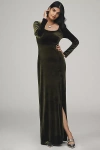 Bhldn Bella Long-sleeve Scoop-neck Side-slit Stretch Velvet Maxi Dress In Green