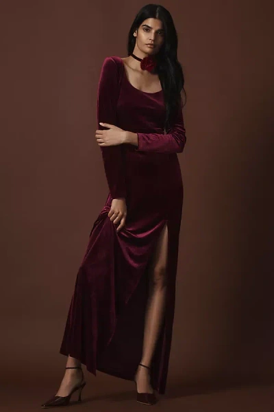 Bhldn Bella Long-sleeve Scoop-neck Side-slit Stretch Velvet Maxi Dress In Red