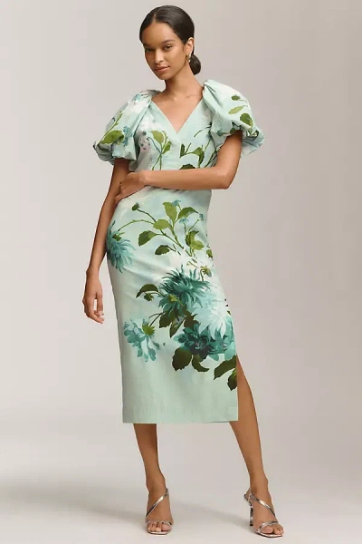 Bhldn Brooke Puff-sleeve V-neck Midi Dress In Green
