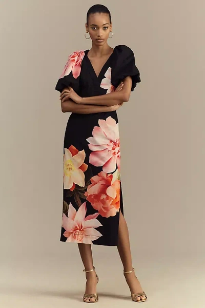 Bhldn Brooke Puff-sleeve V-neck Midi Dress In Multicolor