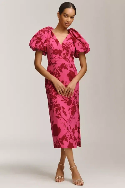 Bhldn Brooke Puff-sleeve V-neck Midi Dress In Multi