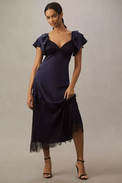 Bhldn Camilla Flutter-sleeve Lace-overlay Satin Midi Dress In Blue